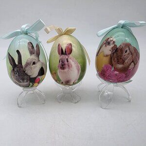 Set Of 3 Decorative Decoupage Easter Bunny Eggs Pastel Ribbon Bows 3.5"